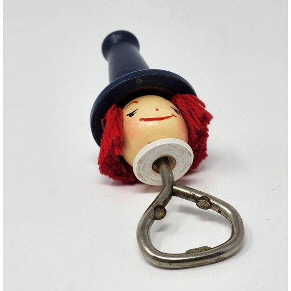 Vintage Wooden Head Bottle Opener With Red Yarn Hair & Metal Opener 5" - Picture 5 of 6